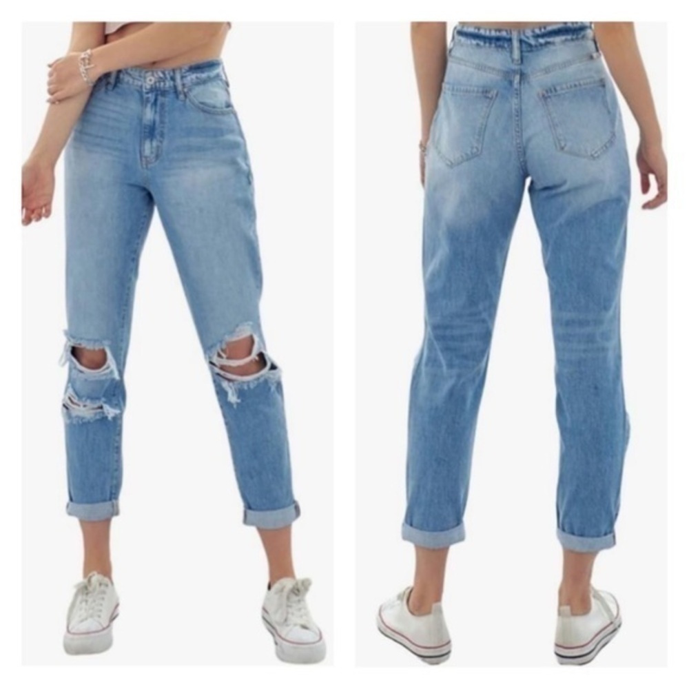 Kancan Buckle 27/7 Ultra High Rise‎ Cuffed Mom Jeans Distressed